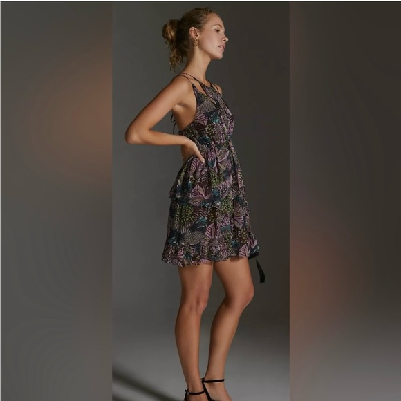 By Anthropologie Cutout Mini Dress-Purple Motif-Small ruffled chiffon S summer - Picture 3 of 5
